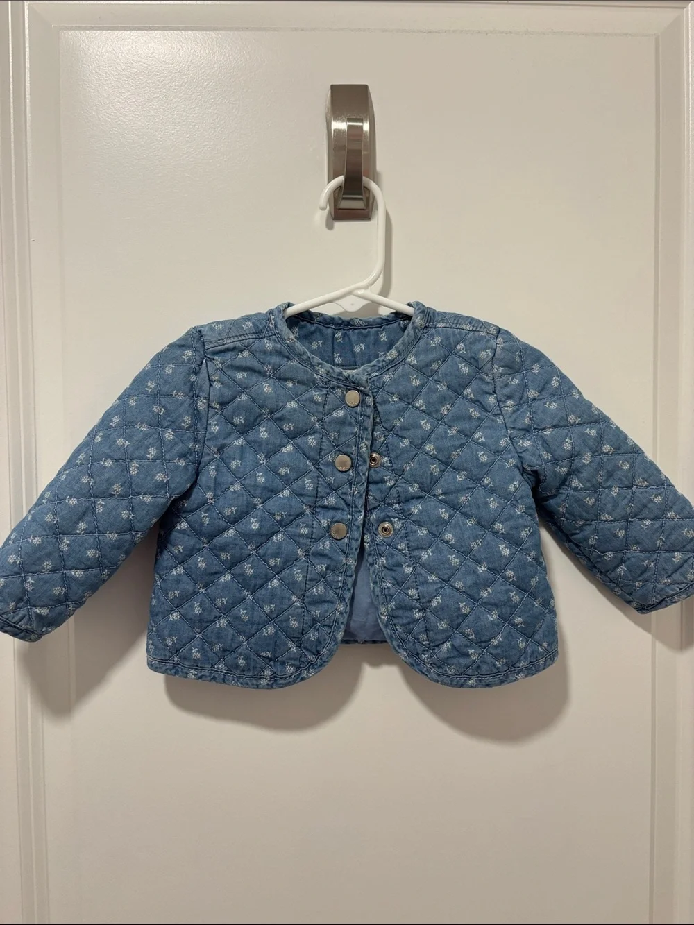 GAP Light Blue Denim Quilted Floral Puffer Jacket